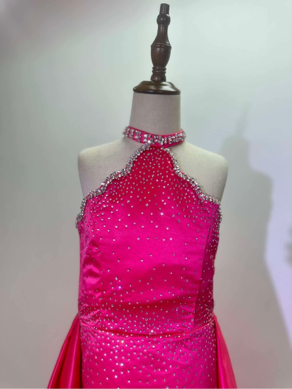 Girls' Hot Pink Halter Neck Formal Dress with Crystal Trim